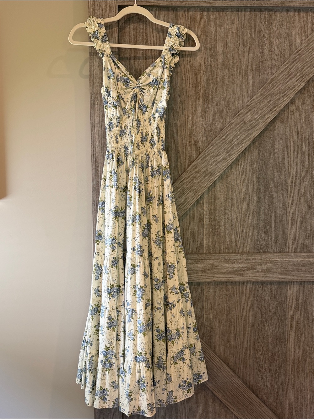 White Maxi Dress with Blue Floral Print and Ruffle Straps